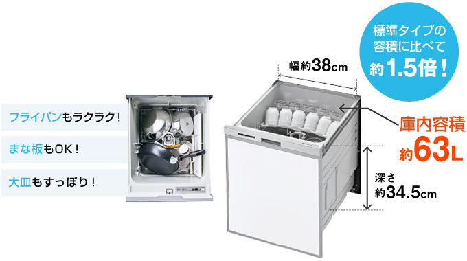 より深く、広くたくさん入るから、食器と調理器具も一度に洗えます