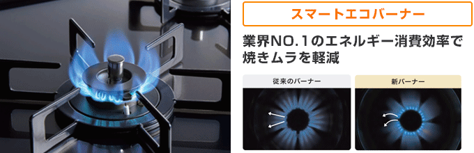 ノーリツガスコンロ：オルシェ 業界No.1のエネルギー消費効率「スマートエコバーナー」