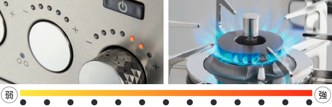 ノーリツガスコンロ：プログレ 13段階の火力調整で、本格料理！